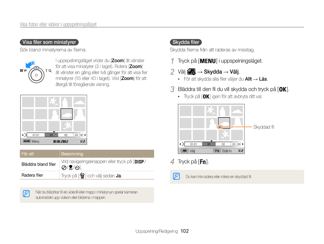 Samsung EC-WB850FBPBE2 manual Välj → Skydda → Välj, Bläddra till den fil du vill skydda och tryck på, Skydda filer  